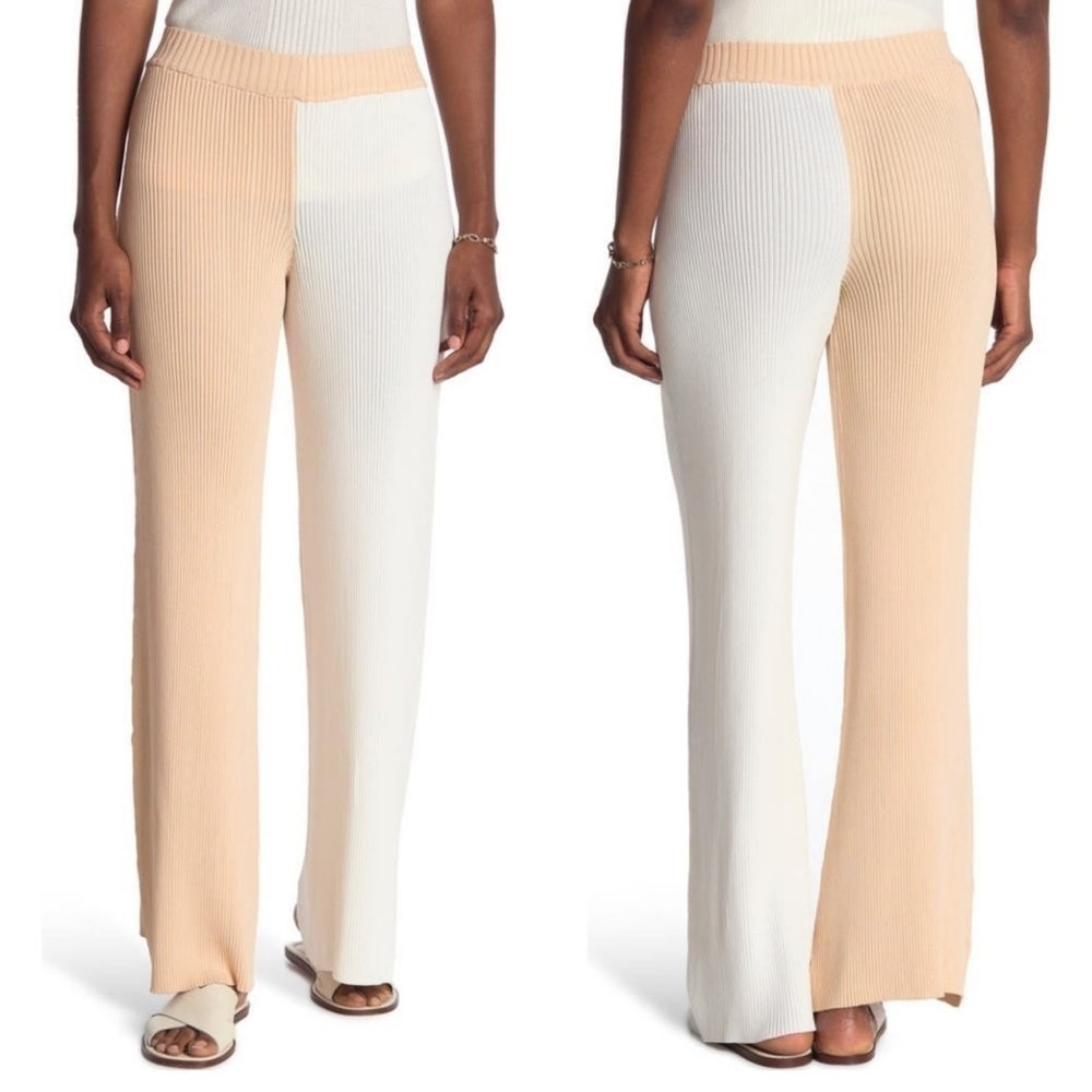 Ronny Kobo Two Tone Ribbed Knit Wide Leg Pants Colorblock White & Tan XS